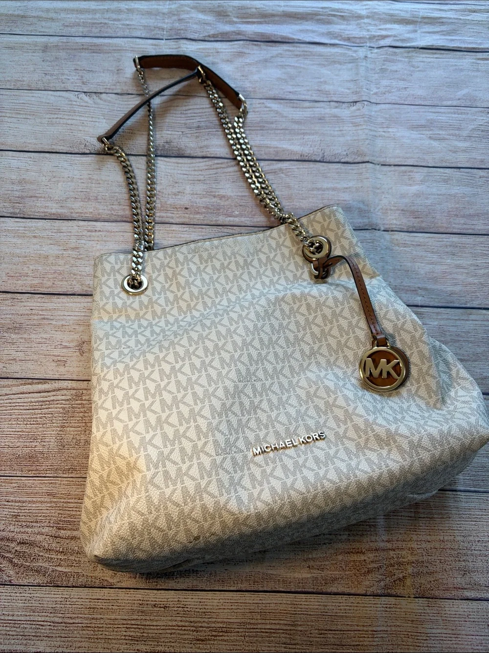 Michael Kors Cream Logo Shoulder or Crossbody Bag with Gold Accents and Chain
